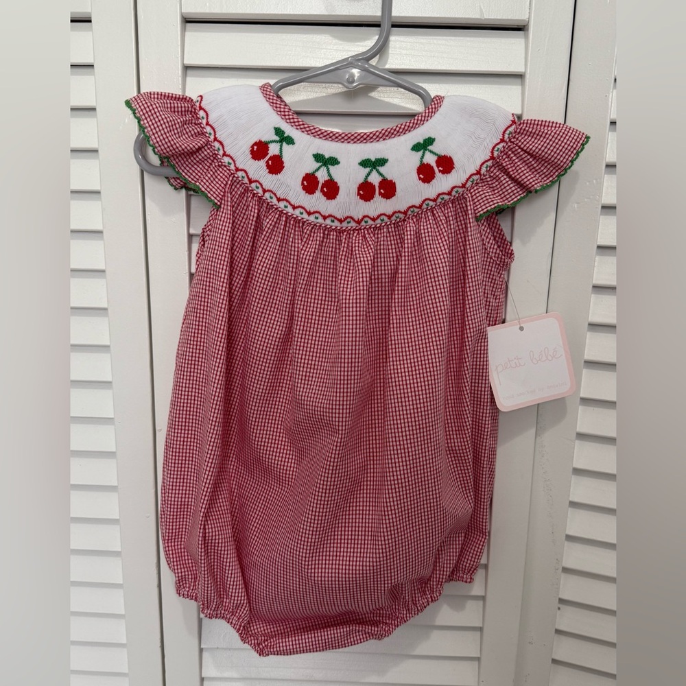 Petit Bebe Red Gingham Cherry Baby Romper 12 months
